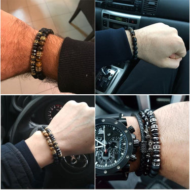 2 PCS Matte Beads with Hematite Pave Bracelet Set